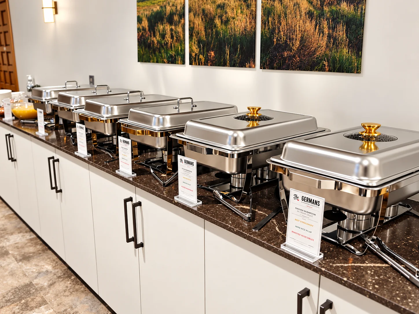 The Germans catering buffet setup with professional chafing dishes