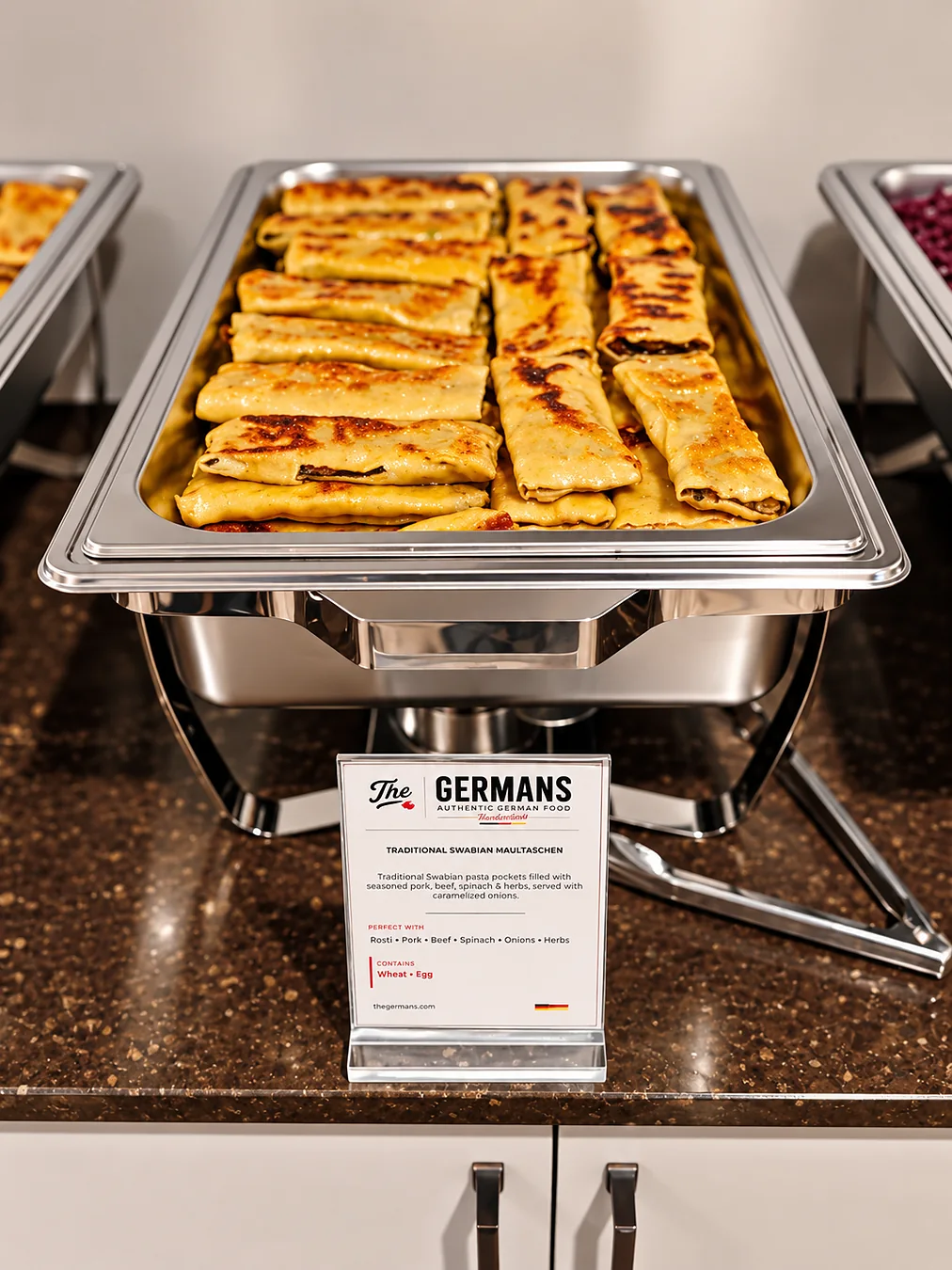 Traditional Swabian Maultaschen prepared for a catered buffet